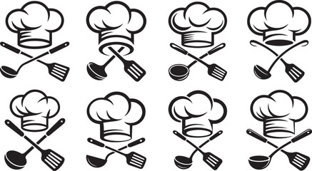 Set of eight chef hats with crossed kitchen utensils for cooking school and restaurant concepts
