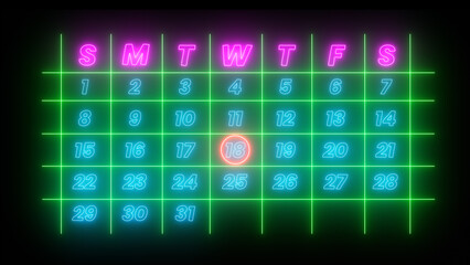 Highlighting date number 18 on a calendar isolated on black background