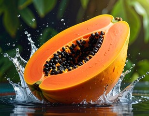 Sliced orange papaya fruit creating water splash, outdoor scene