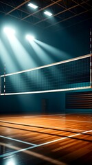 Obraz premium Empty indoor volleyball court bathed in dramatic spotlight beams and shadows