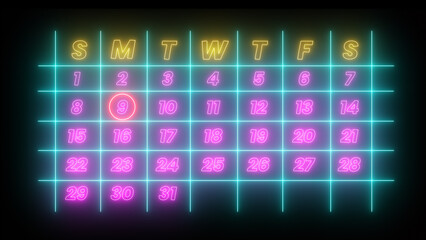 Highlighting date number 9 with red circle on a calendar isolated on black background