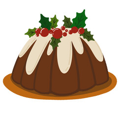Illustration of Christmas Pudding with Holly Berries