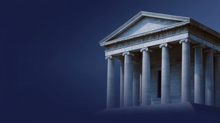 Fototapeta premium Classical architectural structure with columns and pediment highlighting ancient Roman design against a dark blue background