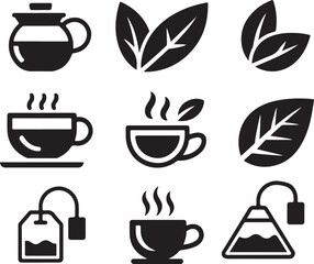 Collection of tea related items including teapots cups and tea bags for hot beverages