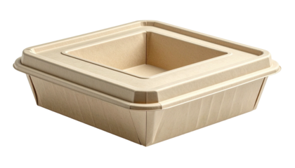 A beige, eco-friendly, square takeout container with a matching lid, on a black background