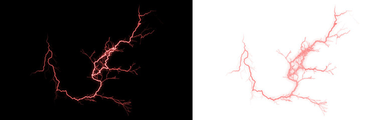 Striking red lightning bolt and its abstract interpretation on a dark background