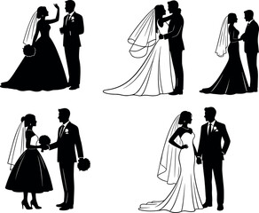 Silhouette wedding couples in romantic poses wearing elegant bridal gowns and suits, showcasing love, ceremony, fashion, and timeless celebration moments.