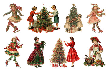 Fototapeta premium PNG Vintage Christmas holiday illustrations, element set on transparent background
