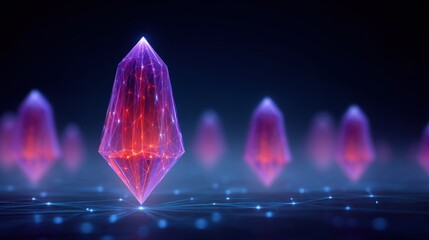 Abstract digital gemstone formations glowing in deep space, featuring intricate geometric patterns and vibrant neon colors, futuristic design elements