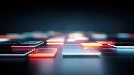 Abstract composition of glowing geometric shapes illuminated in vibrant colors against a dark background, representing digital connections and innovation.