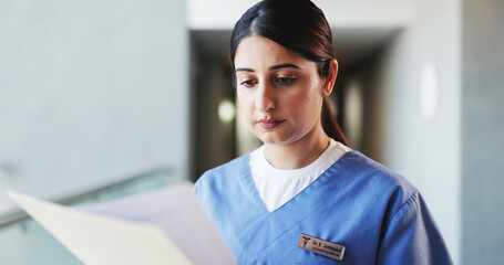 Doctor, woman and reading in hospital with file for patient history, medical diagnosis and paperwork. Female person, healthcare worker and check folder in clinic for test results, report or document.