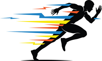 A silhouette of a running man with colorful speed lines isolated on