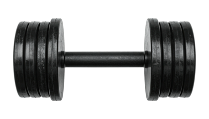 A black dumbbell, weighted with circular plates, on a stark black background. It is a fitness element