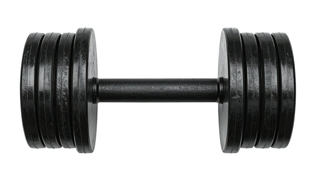 A black dumbbell, weighted with circular plates, on a stark black background. It is a fitness element - Powered by Adobe