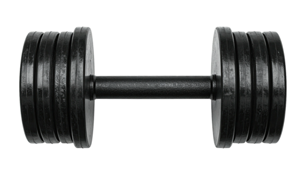 A black dumbbell, weighted with circular plates, on a stark black background. It is a fitness element - Powered by Adobe