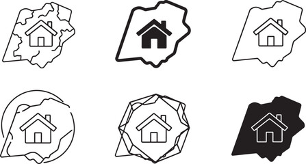 Home Location District Map Icons Featuring House Symbols, Real Estate Area Markers, Regional Property Boundaries, Geometric and Outline Style Location Graphics for Real Estate and Mapping
