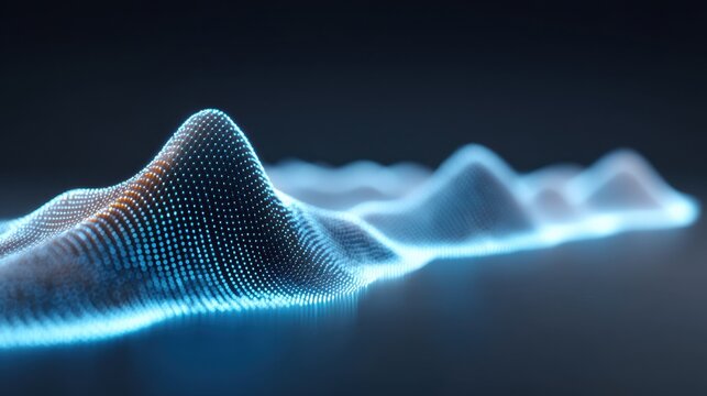 Abstract representation of data visualization with glowing waveforms and dotted patterns in a dark background for technology and digital concepts - Powered by Adobe