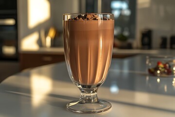 Indulging in a thick chocolate milkshake served in a stylish glass surrounded by a light kitchen ambiance under bright daylight.