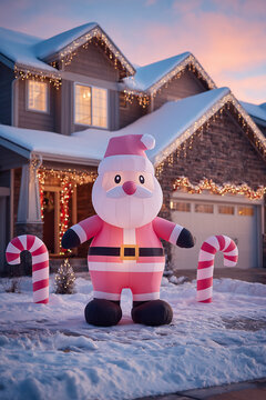 santa claus inflatable doll with gifts outside the house