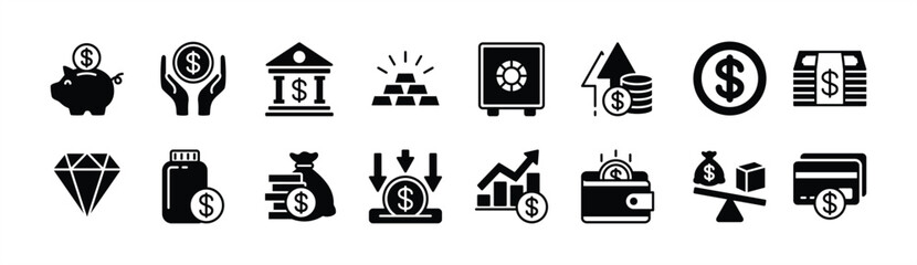 Finance icon vector set. Contains savings, piggy bank, profit, currency, safe, dollar coin, investment growth chart, earning money increase, deposit, credit card, balance, gold, jewelry. Illustration