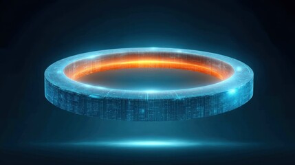Futuristic Digital Circular Structure with Glowing Elements in Blue and Orange Colors Surrounded by a Dark Background for Innovative Technology Concepts