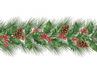 Festive christmas border with holly and pinecones isolated on transparent background
