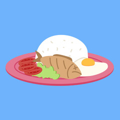 A Delicious Meal Featuring Fried Fish, Rice, Egg, and Sliced Tomatoes on a Plate