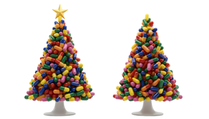 Christmas tree made of medical capsules with a star on top, isolated on white or transparent background