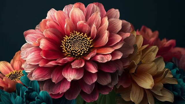 Close-up Detailed View of Red and Orange Dahlia Flowers in Full Bloom Against Dark Background