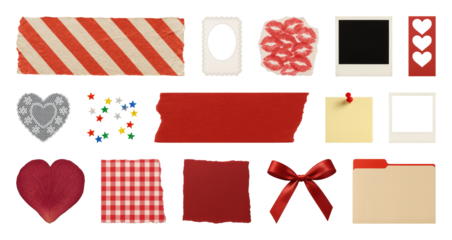 PNG Red-themed scrapbook embellishments element set, transparent background