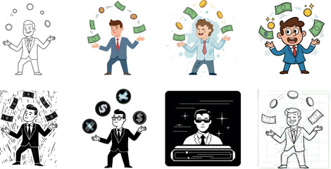 Happy Businessman Juggling Money and Coins Vector Illustration - Financial Management, Wealth, and Income Concept