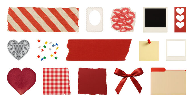 PNG Red-themed scrapbook embellishments element set, transparent background