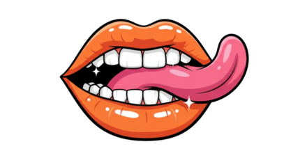 Cartoon orange lips with white teeth and pink tongue isolated on a transparent background mouth