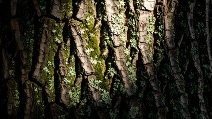 Moss covered tree trunks in a dark forest with sunlight filtering through the dense foliage and highlighting the textures of the bark
