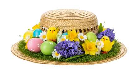 Easter hat with colorful eggs chicks flowers isolated on a transparent background straw hat