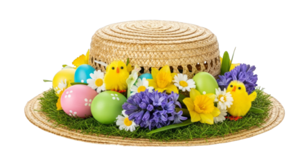 Easter hat with colorful eggs chicks flowers isolated on a transparent background straw hat