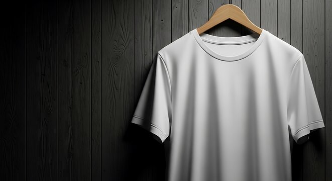 A clean white crew neck tshirt hangs neatly on a natural wooden hanger, set against a dark, rustic timber panel background
