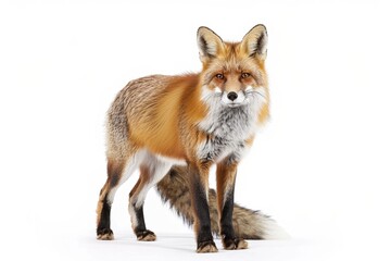 Obraz premium A stunning close-up portrait of a red fox with a vibrant coat, captured on a pristine white background. The image emphasizes the fox's alertness and sharp, detailed features.