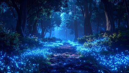 Illuminated pathway through a mystical, blue-lit forest at twilight