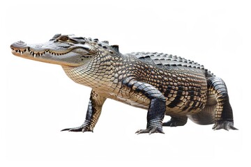 Fototapeta premium A detailed close-up image of a crocodile's head and upper body, highlighting its textured scales and prominent teeth. The stark white background emphasizes the animal's features.