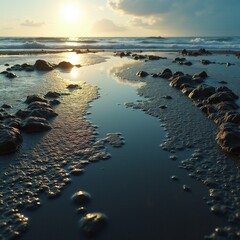 AI generated Evening sunset over beach reflecting peaceful shallow waters and smooth