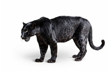 A majestic black leopard is captured in a poised and watchful stance against a stark white backdrop. The image emphasizes the animal's power and stealth.