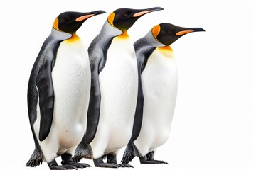 Fototapeta premium Three penguins are standing side-by-side in a line. They appear relaxed and serene, creating a charming and simple scene.