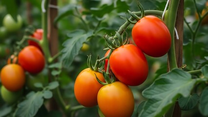 Ripe tomatoes growing on the vine in a lush garden setting