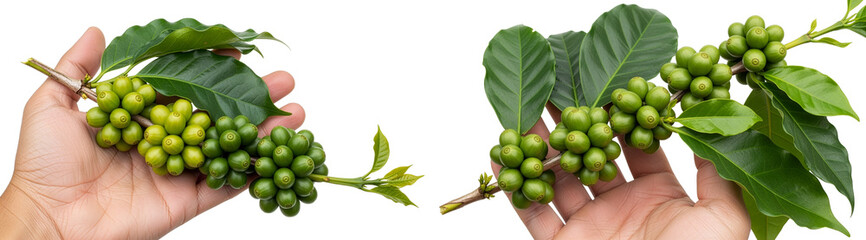Green Coffee Cherries on Branch Held by Hand Isolated on Transparent Background