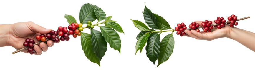 Coffee Cherry Branch with Hands Holding Ripe Coffea arabica Fruit on Transparent Background
