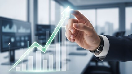 Business professional interacting with a glowing financial graph in a modern office setting