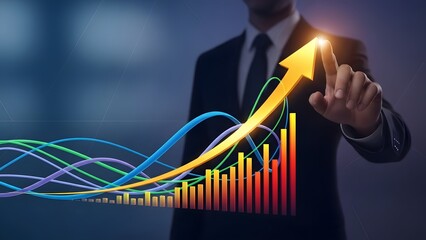 Business professional interacting with a glowing upward trending graph showing financial growth