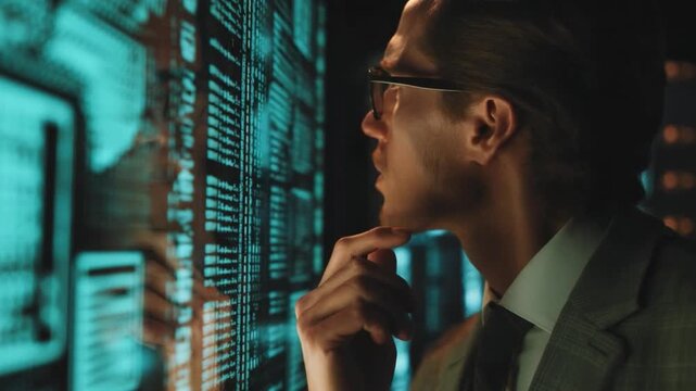 Handsome male elite cybersecurity tycoon audits personal global firewall inside secure command vault during evening