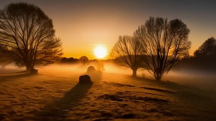 Golden sunrise over misty meadow with long shadows and bare trees. - Powered by Adobe